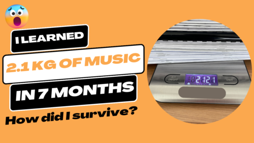 Thumbnail saying "I learned 2.1kg of music in 7 months How did I survive?" on an orange background with a shocked emoji and a picture of my scale displaying 2.1+kg of weight under the practice parts.