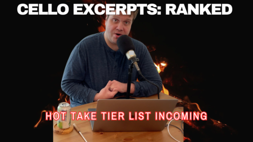 Ben sitting at his table in front of a microphone and laptop. Text says "cello excerpts: ranked hot take tier list incoming". The background is a fire.