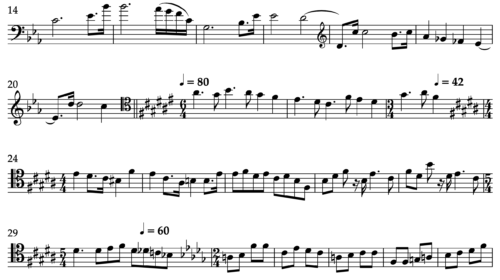 A snippet of the sheet music for "MegaTron", a mash-up of many orchestral excerpts. this displays some of Ein Heldenleben, Brahms Second Piano Concerto, Brahms Second Symphony, and Tchaikovsky Fourth Symphony.