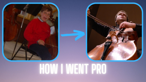Picture of Cello Ben as a kid with a cello, with an arrow pointing towards a picture of him as an adult with the cello. The text says "how I went pro".