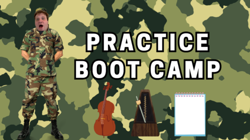 Camouflage background, left side is a picture of a soldier with Ben's head edited in. Text to the right says PRACTICE BOOT CAMP and there are three vector graphics below the text: a cello, a metronome, and a notepad.